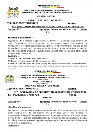 Première page de Français 4e — Production scolaire, 1er semestre (2023-2024) · CPEG LA RELEVE