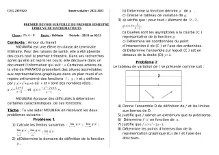 Première page de Mathématiques 2nde A2, 2nde B, 1ère A1, 1ère A2, 1ère B, Tle A1, Tle A2, Tle B, Tle C, Tle D — 1er devoir surveillé, 1er semestre (2022-2023) · CEG ZONGO