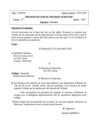 Première page de Français 5e — 1er devoir surveillé, 1er semestre (2019-2020) · CEG GAROU