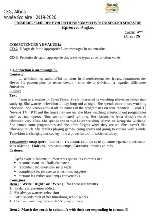 Première page de Anglais 4e, 4e ML — 1re évaluation sommative, 2e semestre (2019-2020) · CEG 2 Allada