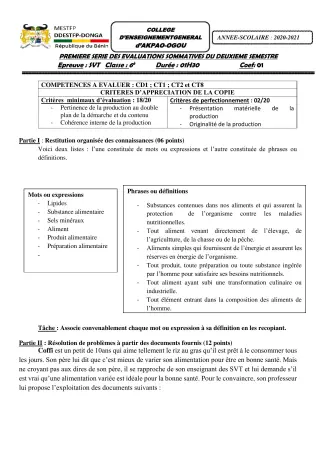 Première page de SVT 6e, 5e, 4e, 3e, 3e ML — 1re évaluation sommative, 2e semestre (2020-2021) · CEG Akpao-Ogou