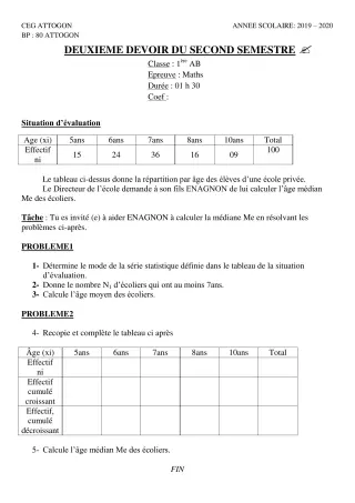 Première page de Mathématiques 1ère A & B, 1ère A1, 1ère A2, 1ère B — 2e devoir surveillé, 2e semestre (2019-2020) · CEG Attogon