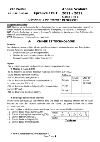 Première page de PCT Tle C — Devoir surveillé (2021-2022) · CEG PAHOU