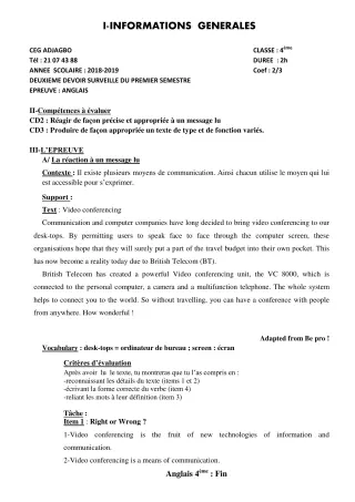 Première page de Anglais 4e, 4e ML — 2e devoir surveillé, 1er semestre (2018-2019) · CEG ADJAGBO