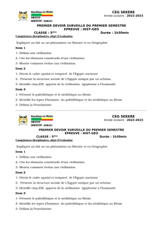 Première page de Histoire-Géographie 5e — 1er devoir surveillé, 1er semestre (2022-2023) · CEG SEKERE