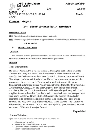 Première page de Anglais 5e, 1ère A2, 1ère B, 1ère C, 1ère D — 2e devoir surveillé, 1er trimestre (2021-2022) · CPEG SAINT Justin