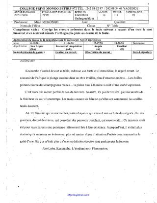 Première page de Devoir correction ortho 3ème sequence 5 CP mongo beti 2023-2024