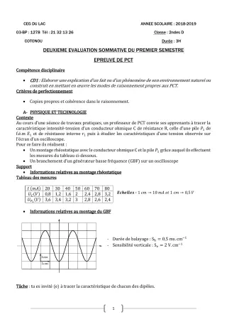 Première page de PCT 2nde D — 2e évaluation sommative, 1er semestre (2018-2019) · CEG du Lac