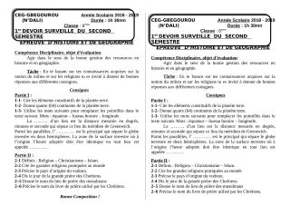 Première page de Histoire-Géographie 6e, 5e — 1er devoir surveillé, 2e semestre (2018-2019) · CEG Gbegourou