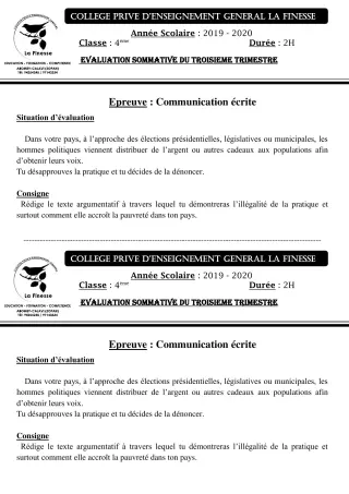 Première page de Français 4e — Évaluation sommative, 3e trimestre (2019-2020) · CPEG La Finesse