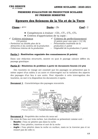 Première page de SVT 4e — 1re production scolaire, 1er semestre (2020-2021) · CEG SEHOUE