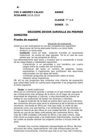 Première page de Espagnol Tle A1, Tle A2, Tle B — 2e devoir surveillé, 1er semestre (2018-2019) · CEG2 ABOMEY - CALAVI (CEG ZOCA)