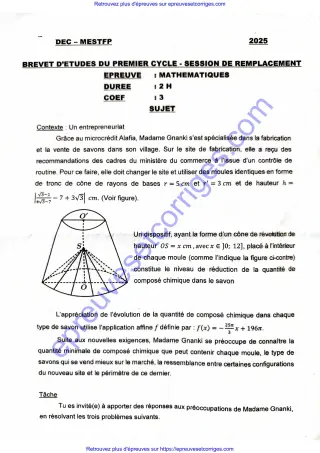 Première page de Épreuve de Mathématiques – BEPC 2025 – Session de Remplacement – Bénin – Microcrédit, statistiques et périmètre géométrique