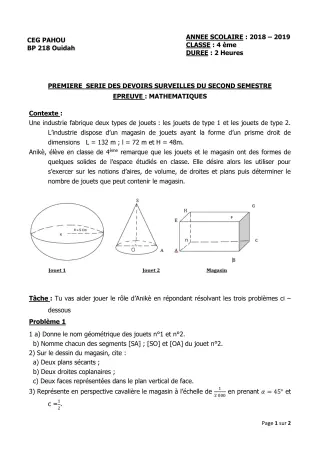 Première page de Mathématiques 4e — 1er devoir surveillé, 2e semestre (2018-2019) · CEG PAHOU