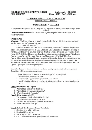 Première page de Allemand 3e ML — 1er devoir surveillé, 2e semestre (2018-2019) · CEG OKEDAMA