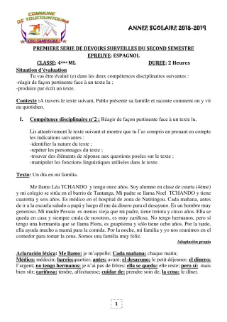 Première page de Espagnol 4e ML, 3e ML — 1er devoir surveillé, 2e semestre (2018-2019) · CEG TAMPÈGRÉ