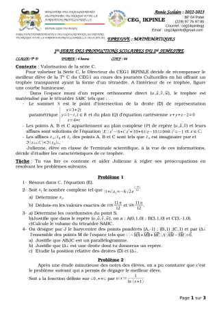 Première page de Mathématiques Tle D — 1re production scolaire, 2e semestre (2022-2023) · CEG1 Ikpinlè