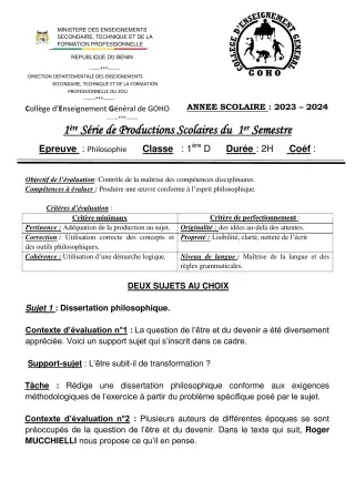 Première page de Philosophie 1ère D — 1re production scolaire, 1er semestre (2023-2024) · CEG GOHO