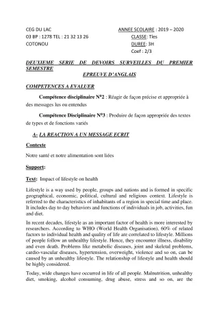 Première page de Anglais Tle A2, Tle B — 3e devoir surveillé, 2e semestre (2019-2020) · CEG du Lac