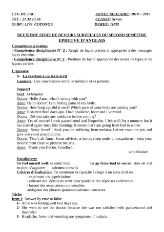 Première page de Anglais 5e — 2e devoir surveillé, 2e semestre (2018-2019) · CEG du Lac