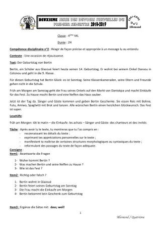 Première page de Allemand 4e ML — Devoir surveillé, 1er semestre (2018-2019) · CEG1 Covè