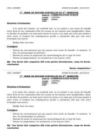 Première page de Français 6e, 5e, 4e, 4e ML, 3e, 3e ML, 2nde A & B, 2nde D, 1ère A, 1ère A & B, 1ère D, Tle A, Tle B, Tle D — 1er devoir surveillé, 2e semestre (2018-2019) · CEG1 Abomey