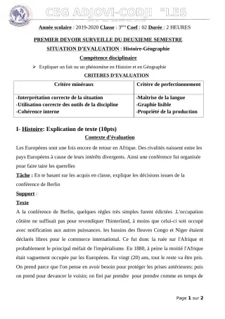 Première page de Histoire-Géographie 3e, 3e ML — 1er devoir surveillé, 2e semestre (2019-2020) · CEG ADJOVICODJI 'LES OLIVIERS'