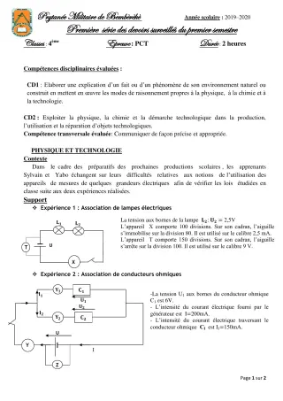 Première page de PCT 4e — 1er devoir surveillé, 1er semestre (2019-2020) · PMB