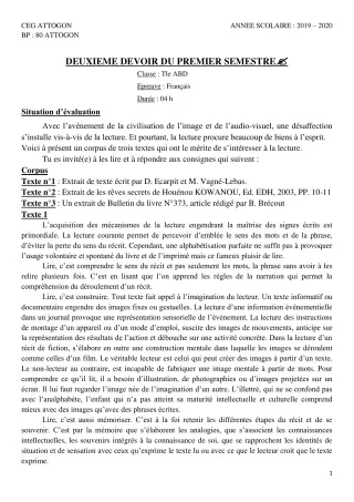 Première page de Français Tle A & B, Tle A1, Tle A2, Tle B, Tle D — 2e devoir surveillé, 1er semestre (2019-2020) · CEG Attogon