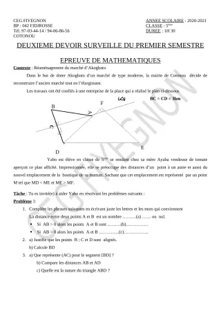 Première page de Mathématiques 5e — 2e devoir surveillé, 1er semestre (2020-2021) · CEG FIYEGNON