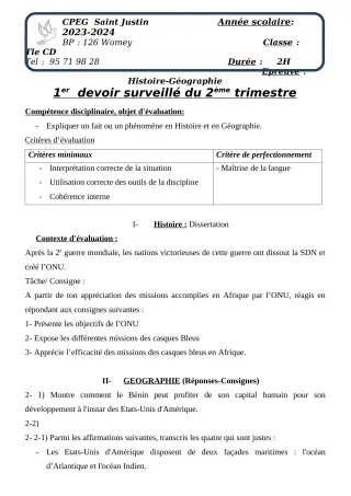 Première page de Histoire-Géographie 1ère A2, 1ère B, 1ère C, 1ère D, Tle A2, Tle B, Tle C, Tle D — 1er devoir surveillé, 2e trimestre (2023-2024) · CPEG SAINT Justin