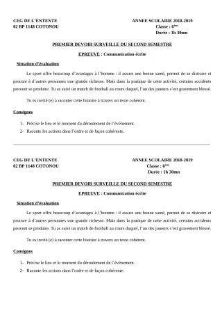 Première page de Français 6e — 1er devoir surveillé, 2e semestre (2018-2019) · CEG L'Entente