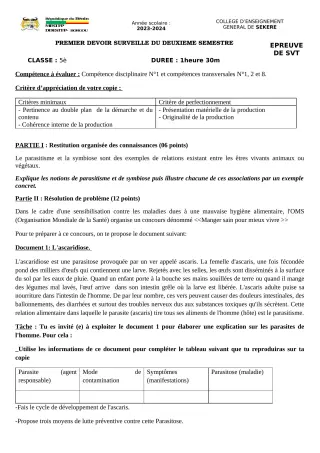 Première page de SVT 5e — 1er devoir surveillé, 2e semestre (2023-2024) · CEG SEKERE