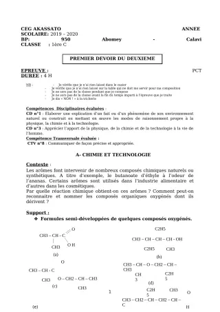 Première page de PCT 1ère C — Composition, 2e semestre (2019-2020) · CEG Akassato