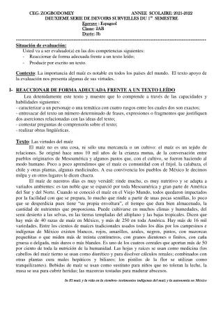 Première page de Espagnol 2nde A1, 2nde A2, 2nde B — 2e devoir surveillé, 1er semestre (2021-2022) · CEG 1 ZOGBODOMEY