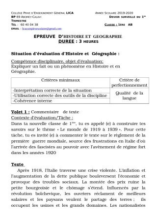 Première page de Histoire-Géographie 1ère A2, 1ère B — Devoir surveillé, 1er trimestre (2019-2020) · CPEG LICA