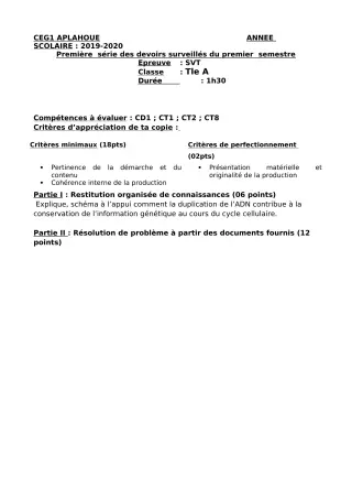 Première page de SVT 6e, 5e, 4e, 4e ML, 4e ML&MC, 3e, 3e ML, 2nde A, 2nde A1, 2nde A2, 2nde B, 2nde C, 2nde D, 1ère A, 1ère A1, 1ère A2, 1ère C, 1ère D, Tle A1, Tle A2, Tle C, Tle D — 1er devoir surveillé, 1er semestr
