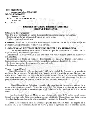 Première page de Espagnol 2nde A2, 2nde B — 1er devoir surveillé, 1er semestre (2020-2021) · CEG FIYEGNON