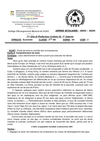 Première page de Espagnol 2nde A & B — 1re production scolaire, 1er semestre (2023-2024) · CEG GOHO