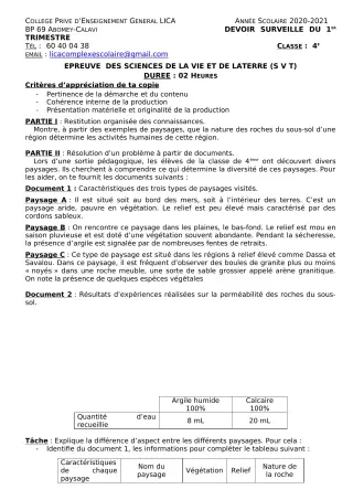 Première page de SVT 4e, 4e ML — 1er devoir surveillé, 1er trimestre (2020-2021) · CPEG LICA