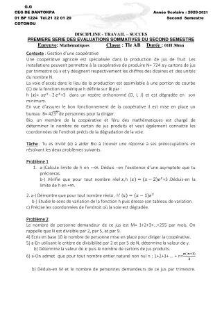Première page de Mathématiques Tle A2, Tle B — 1re évaluation sommative, 2e semestre (2020-2021) · CEG Dantokpa