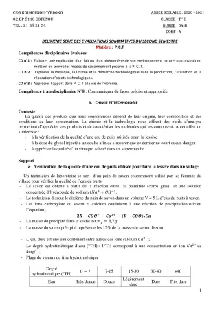 Première page de PCT Tle C — 2e évaluation sommative, 2e semestre (2020-2021) · CEG Kouhounou-Vêdoko
