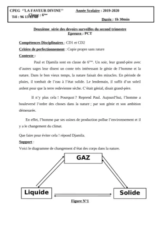 Première page de SVT 6e, 5e, 4e, 4e ML, 3e, 3e ML — 2e devoir surveillé, 2e trimestre (2019-2020) · CPEG Faveur Divine de Sékou
