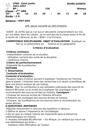 Première page de Histoire-Géographie 2nde A2, 2nde B, 2nde C, 2nde D — 1er devoir surveillé, 1er trimestre (2021-2022) · CPEG SAINT Justin