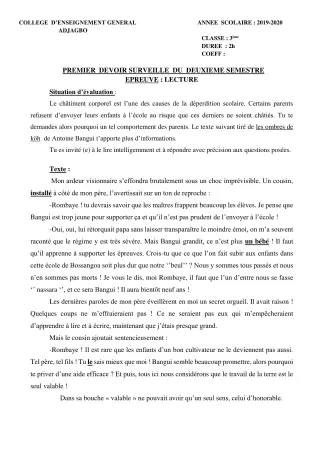 Première page de Français 3e, 3e ML — 1er devoir surveillé, 2e semestre (2019-2020) · CEG ADJAGBO