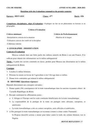 Première page de Histoire-Géographie 4e — 2e évaluation sommative, 1er semestre (2020-2021) · CEG SEKERE