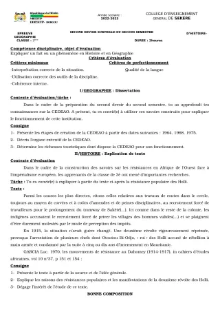 Première page de Histoire-Géographie 3e — 2e devoir surveillé, 2e semestre (2022-2023) · CEG SEKERE