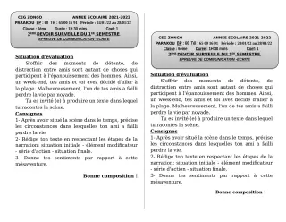 Première page de Français 6e, 5e, 4e, 4e ML, 3e — Devoir surveillé, 1er semestre (2021-2022) · CEG ZONGO