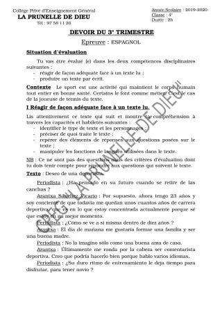 Première page de Espagnol 4e ML — Devoir surveillé, 3e trimestre (2019-2020) · CEPG La Prunelle de Dieu