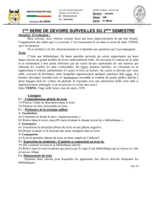 Première page de Français 6e, 5e, 4e — 1er devoir surveillé, 2e semestre (2023-2024) · CEG ZA-KPOTA